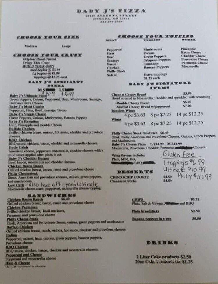 Baby J's Pizza - Oneida, TN menu_pic