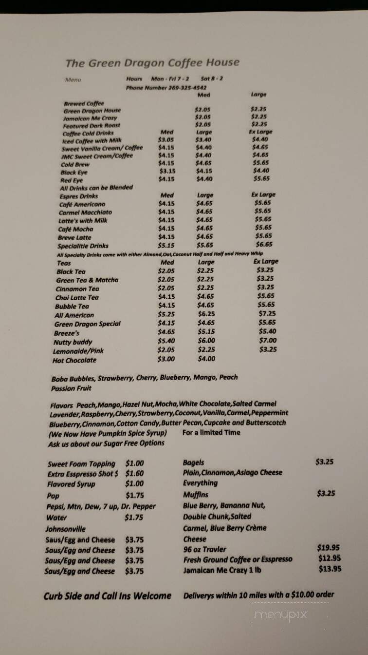 The Green Dragon Coffee House - Watervliet, MI menu_pic