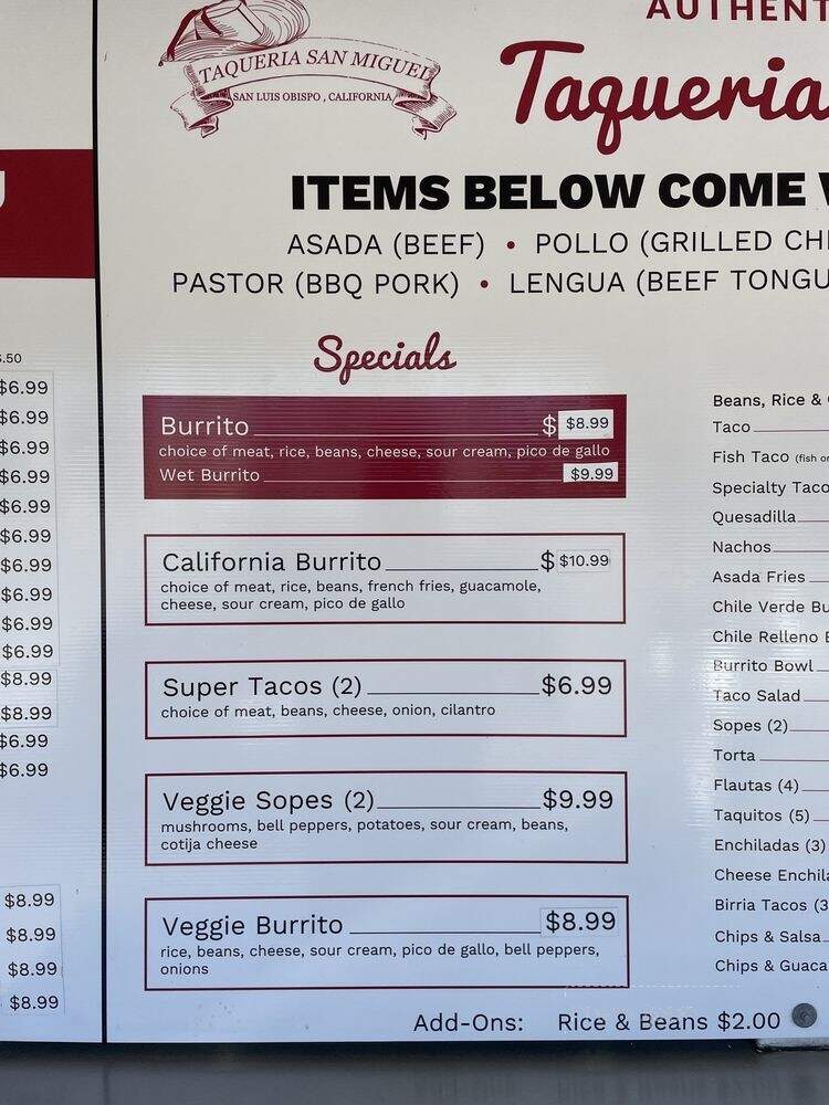 Taqueria San Miguel - San Luis Obispo, CA menu_pic
