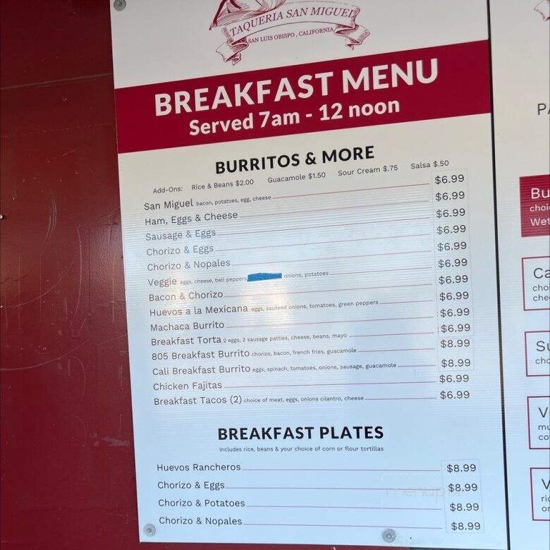 Taqueria San Miguel - San Luis Obispo, CA menu_pic