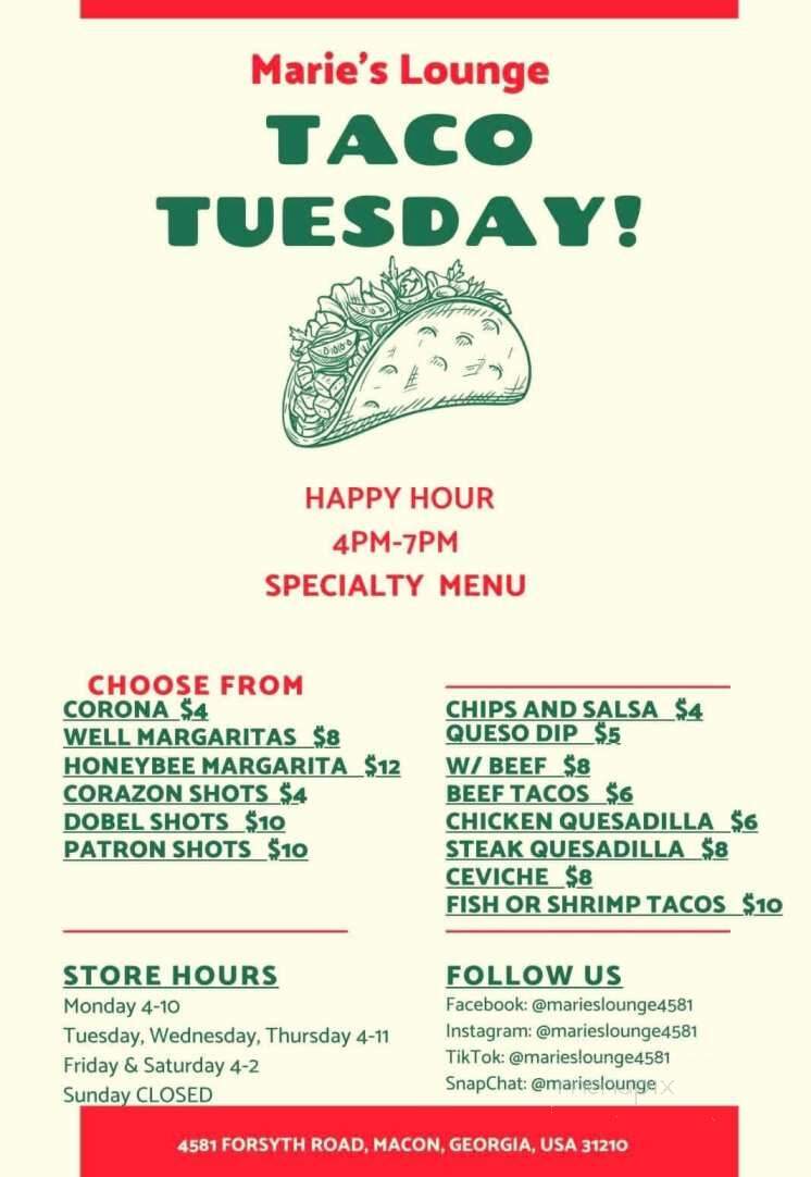Marie's Lounge - Macon, GA menu_pic