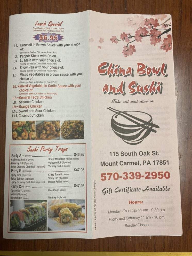 China Bowl and Sushi - Mount Carmel, PA menu_pic