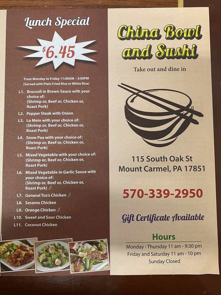China Bowl and Sushi - Mount Carmel, PA menu_pic