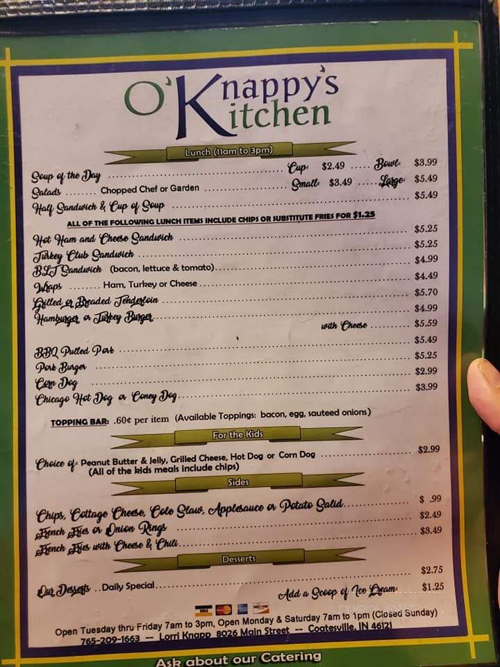 O'Knappy's Kitchen - Coatesville, IN menu_pic