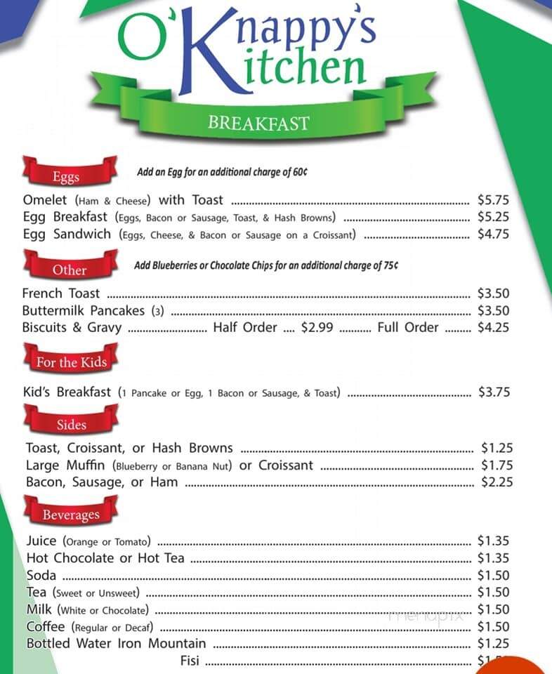 O'Knappy's Kitchen - Coatesville, IN menu_pic