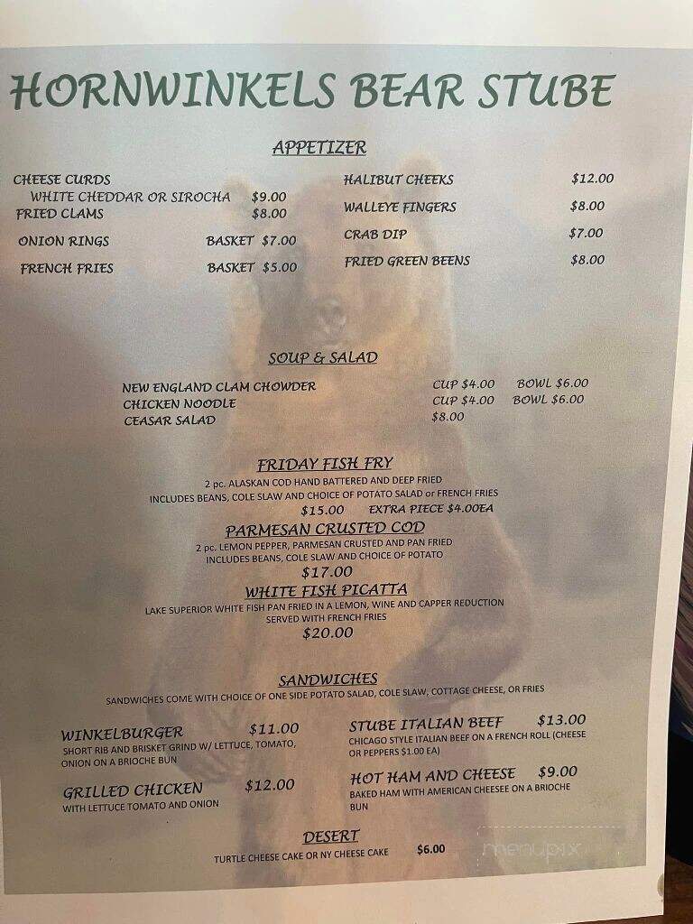 Hornwinkel's Bear Stube - Woodruff, WI menu_pic
