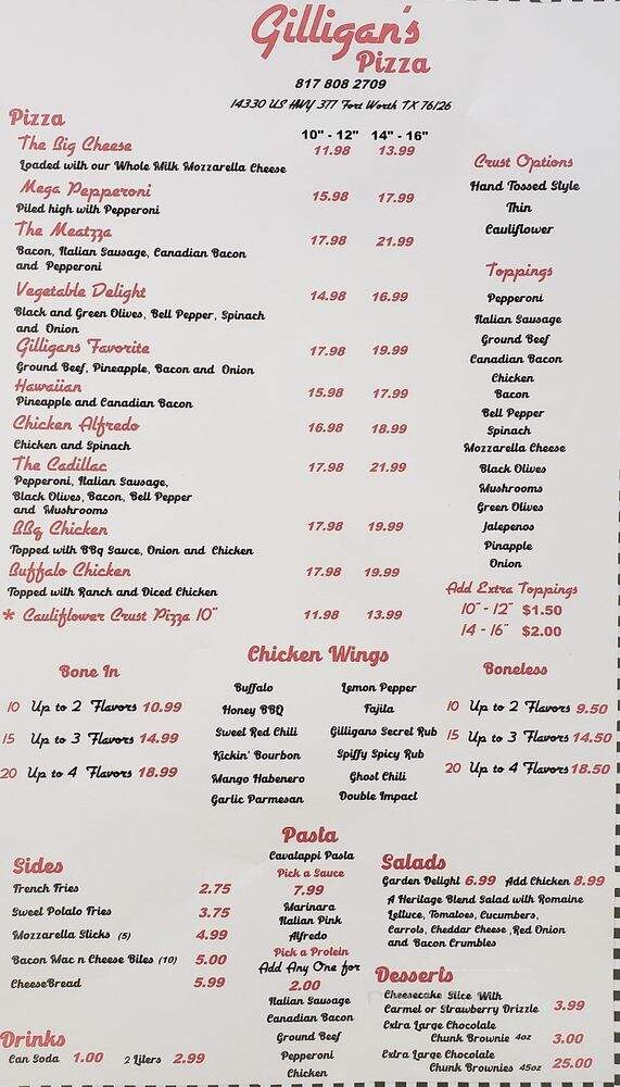Gilligan's Pizza - Benbrook, TX menu_pic