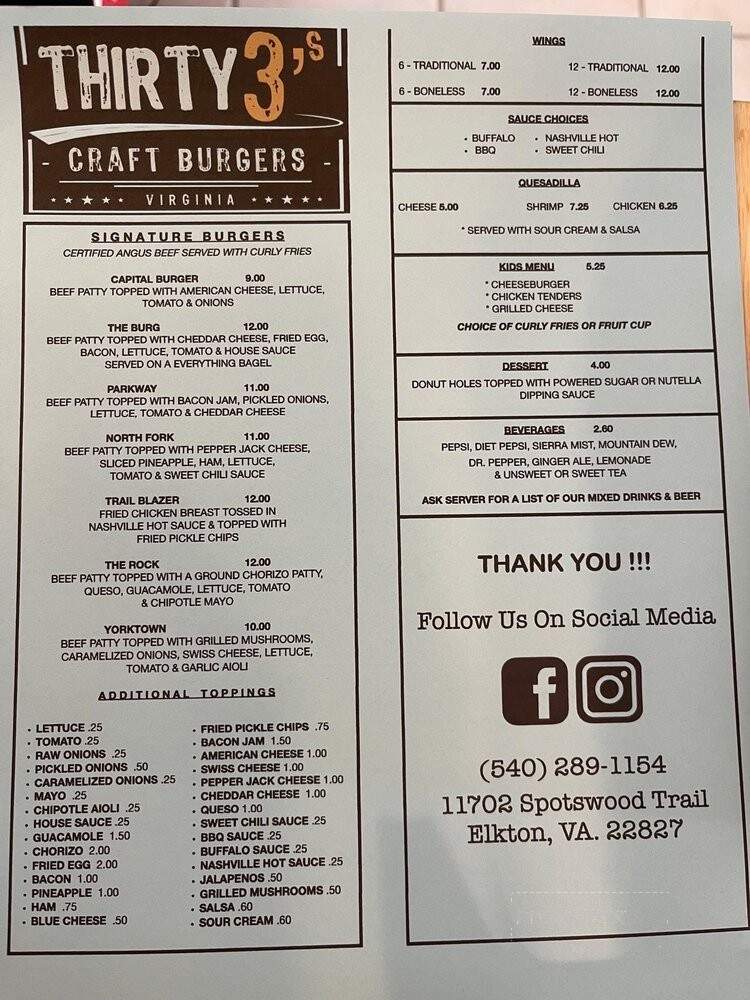 Thirty3's Craft Burgers - Elkton, VA menu_pic