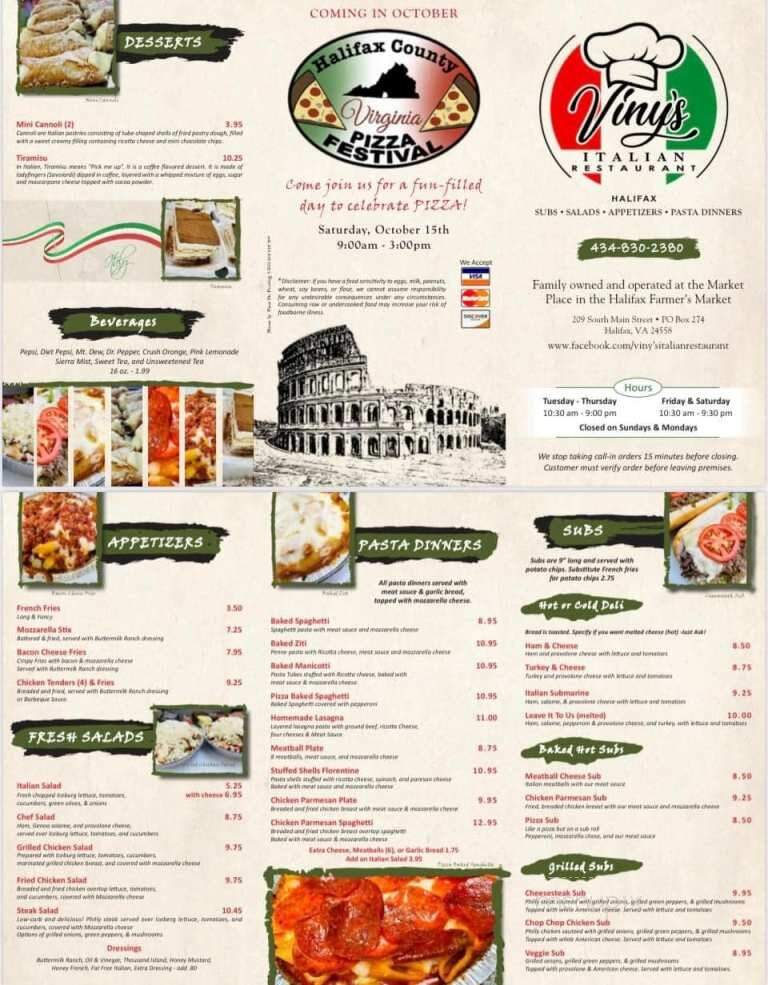 Viny's Italian Resturant - Halifax, VA menu_pic