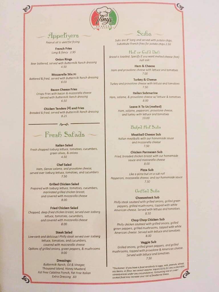 Viny's Italian Resturant - Halifax, VA menu_pic