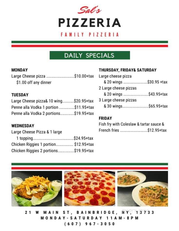 Sal's Pizzeria of Bainbridge - Bainbridge, NY menu_pic