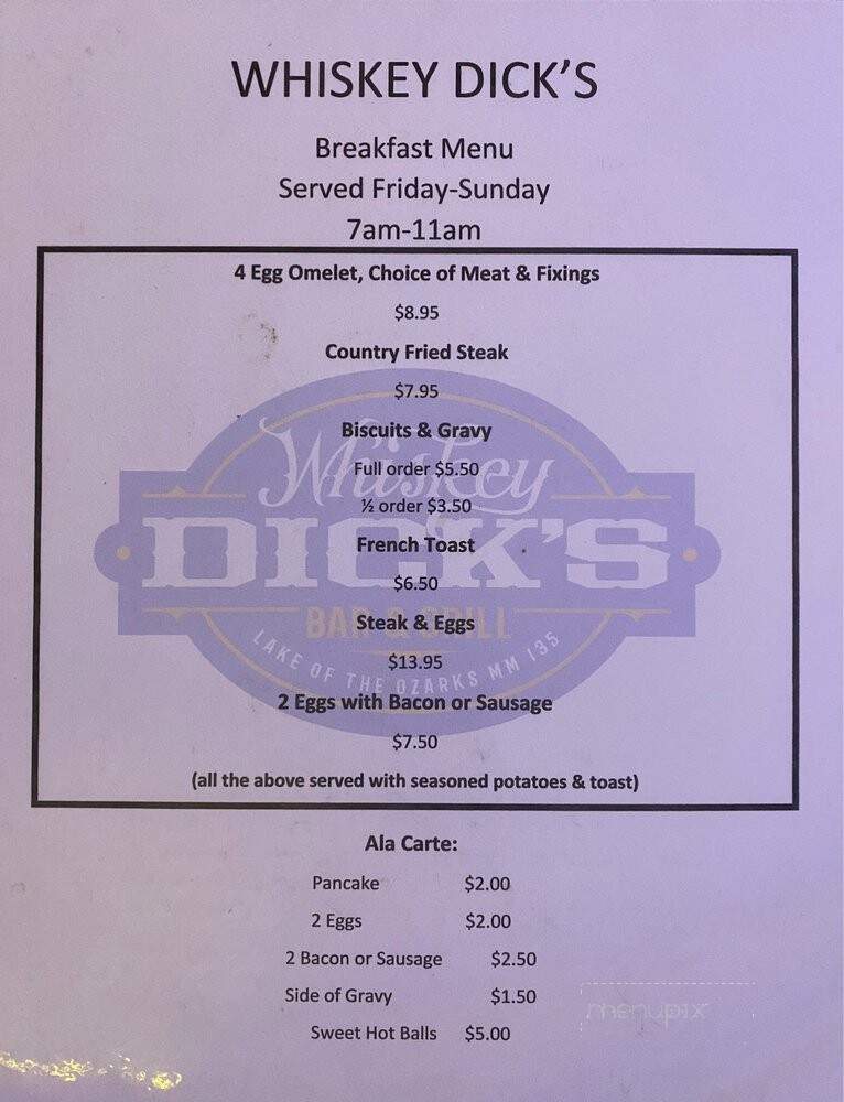Whiskey Dick's Bar & Grill - Gravois Mills, MO menu_pic