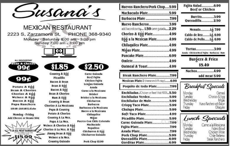 Susana's Mexican Restaurant & Catering - San Antonio, TX menu_pic