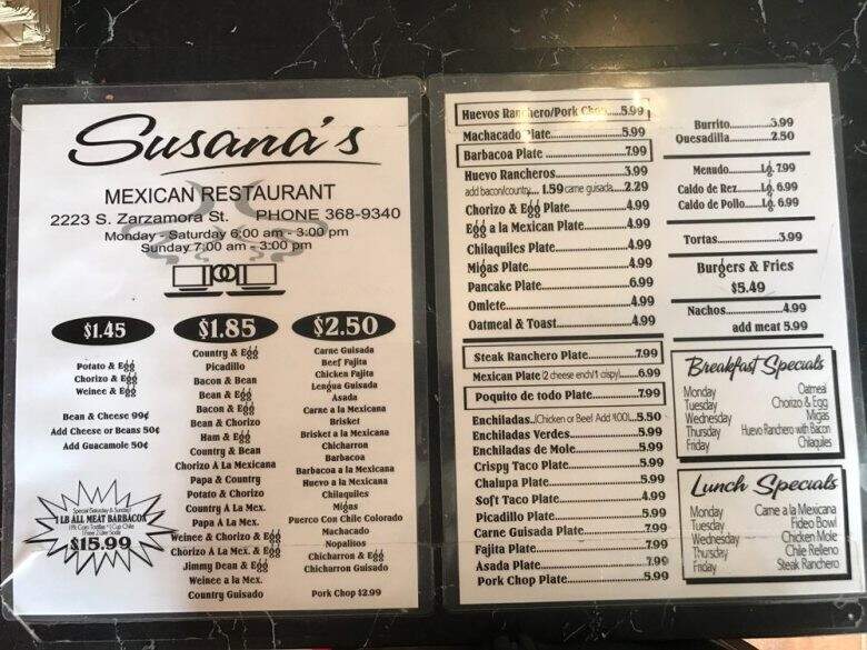 Susana's Mexican Restaurant & Catering - San Antonio, TX menu_pic