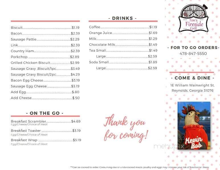 Tim's Fireside Grill - Reynolds, GA menu_pic