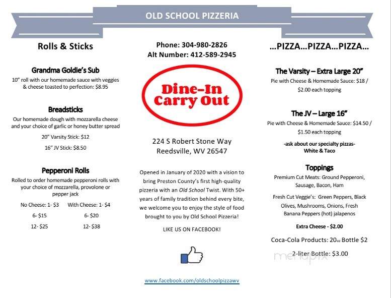 Old School Pizzeria - Reedsville, WV menu_pic