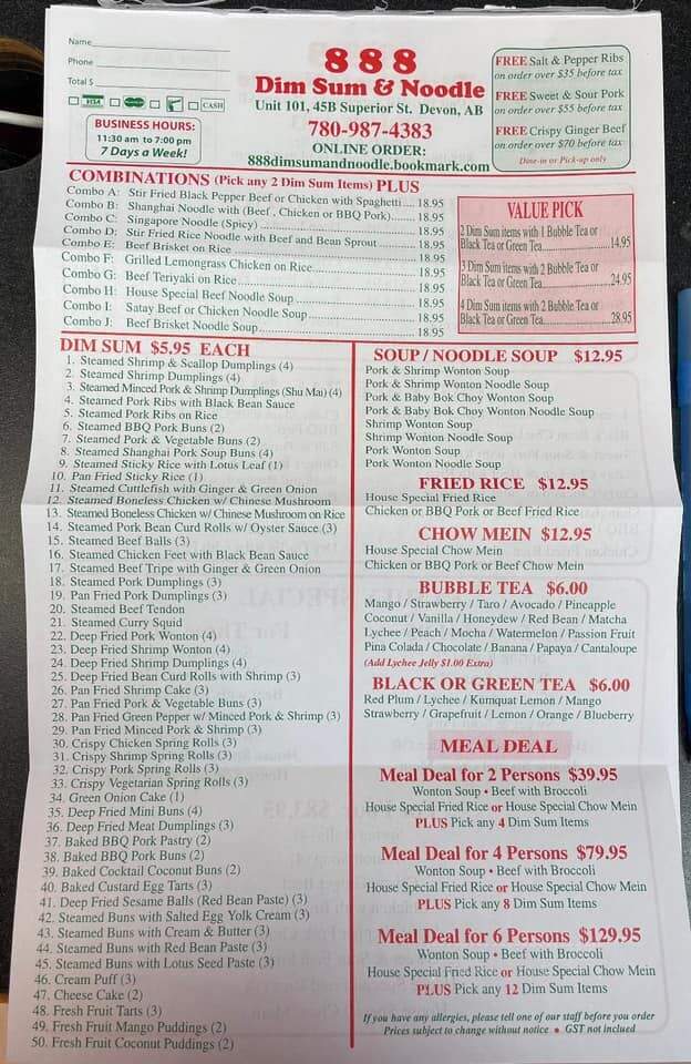 888 Dim Sum & Noodle - Devon, AB menu_pic