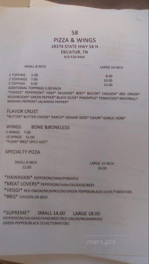58 Pizza and Wings - Decatur, TN menu_pic