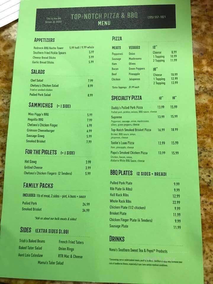 Top-Notch Pizza and BBQ - Vernon, AL menu_pic