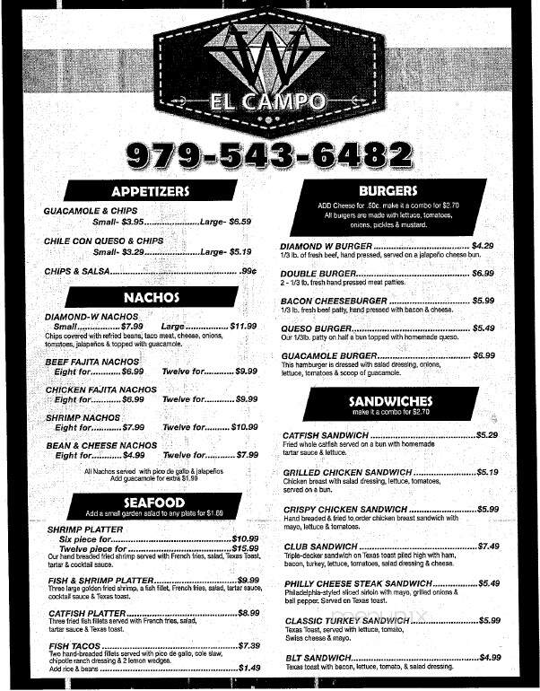 Diamond W - El Campo, TX menu_pic