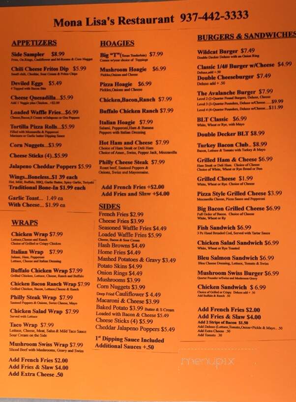 Mona Lisa's Restaurant - Mowrystown, OH menu_pic