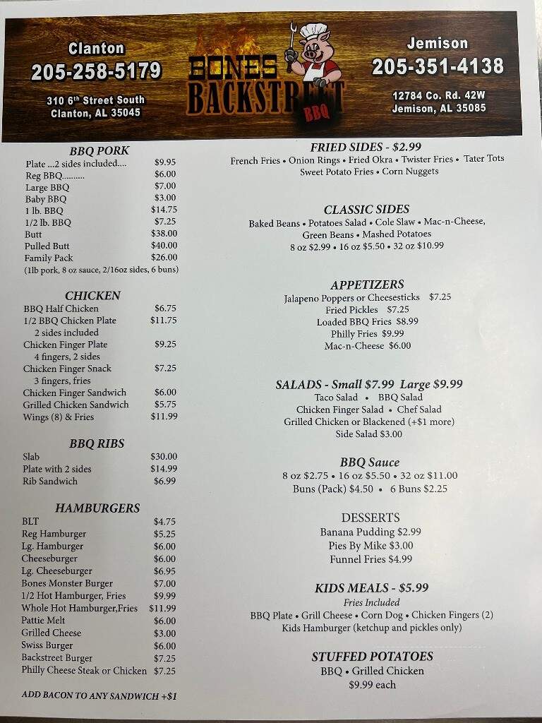 Bone' s Backstreet BBQ - Clanton, AL menu_pic