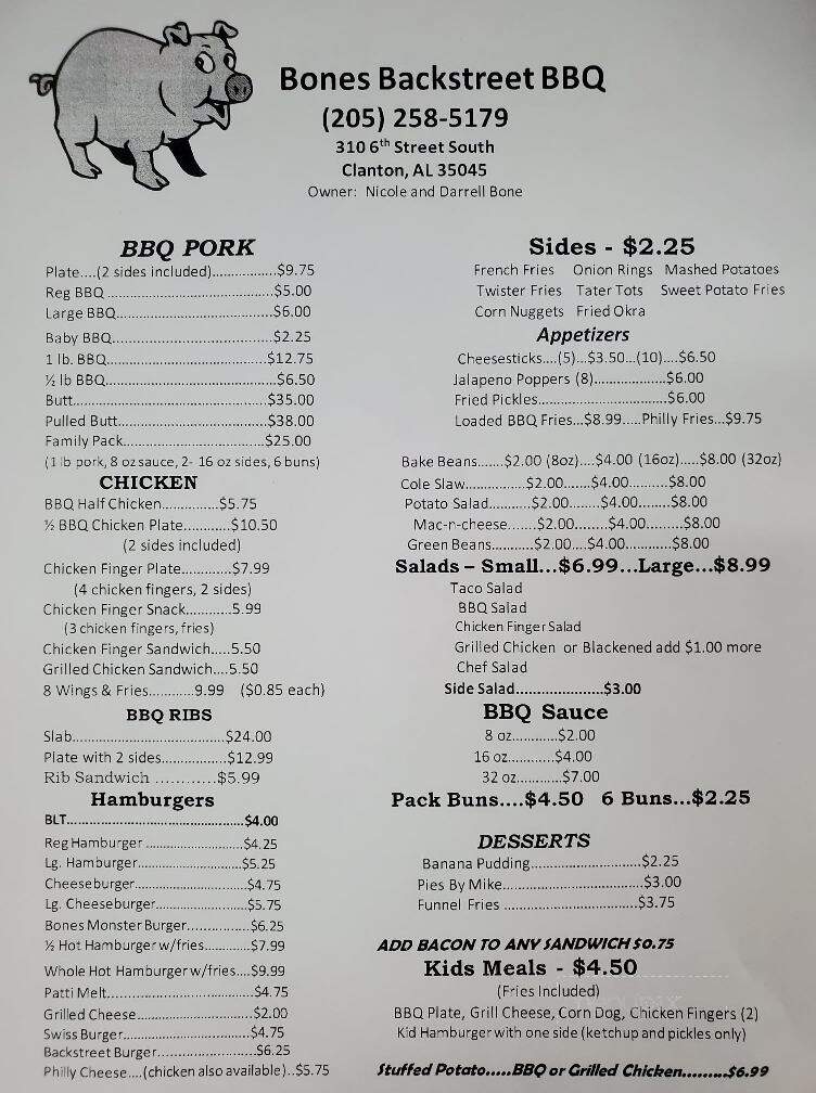 Bone' s Backstreet BBQ - Clanton, AL menu_pic