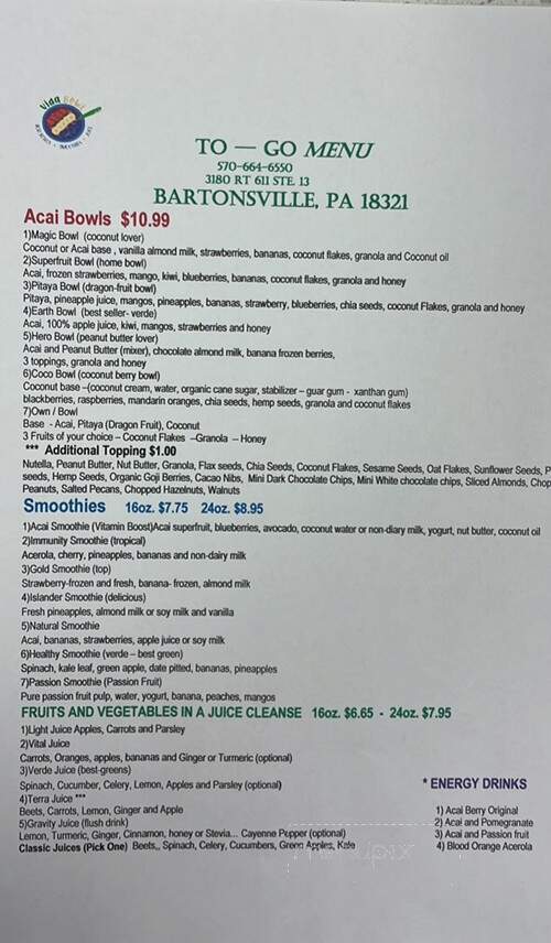 Vida Bowl - Bartonsville, PA menu_pic