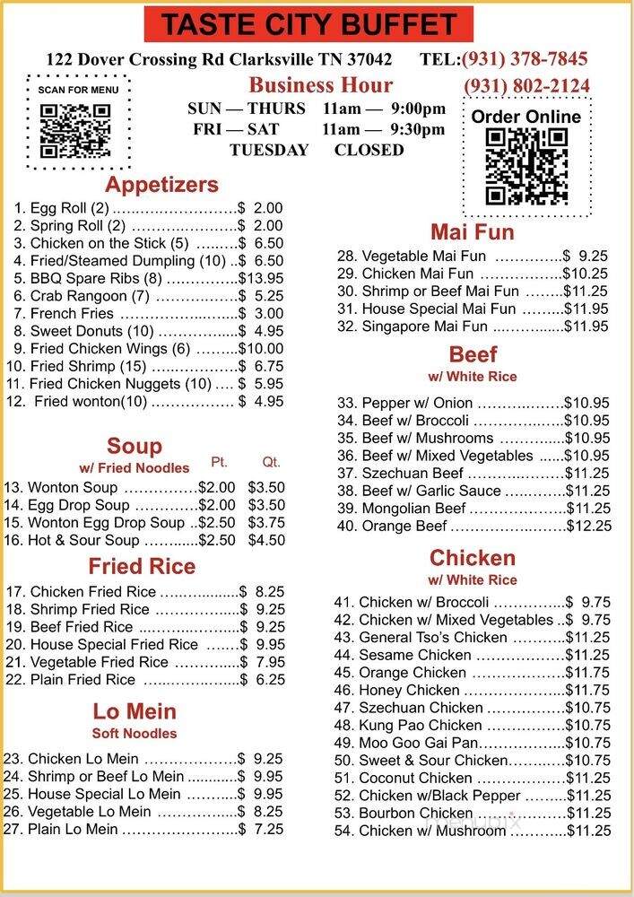Taste City Buffet - Clarksville, TN menu_pic