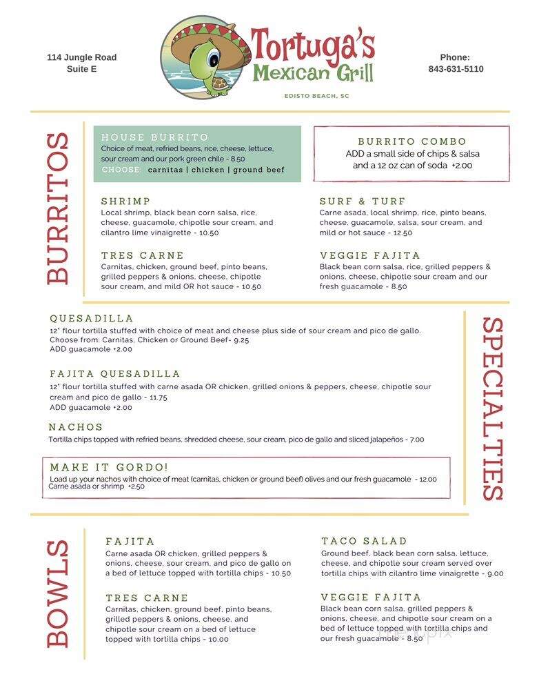 Tortuga's Mexican Grill - Edisto Island, SC menu_pic