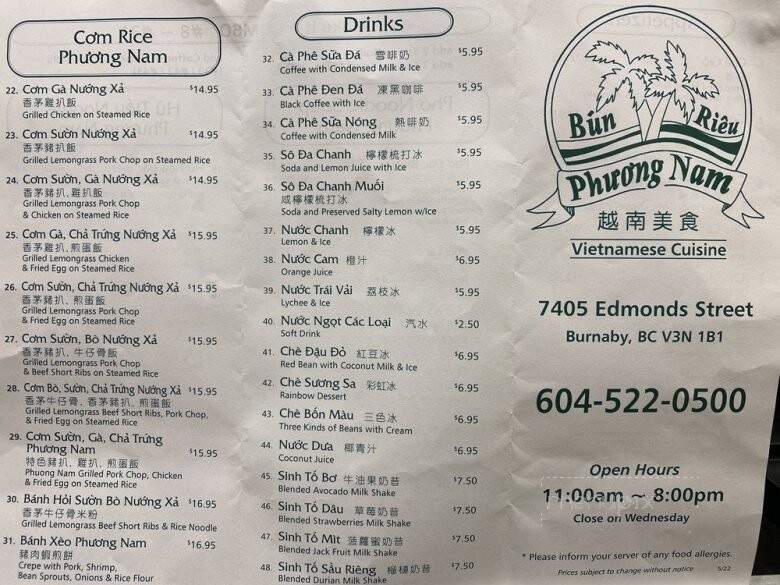 Bun Rieu Phuong Nam - Burnaby, BC menu_pic