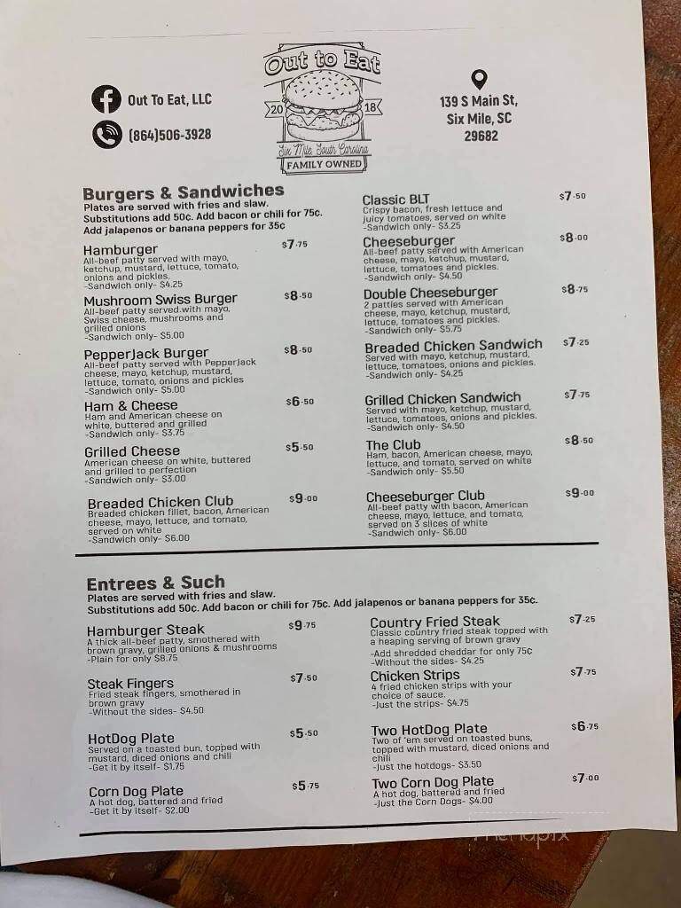 Out To Eat - Six Mile, SC menu_pic