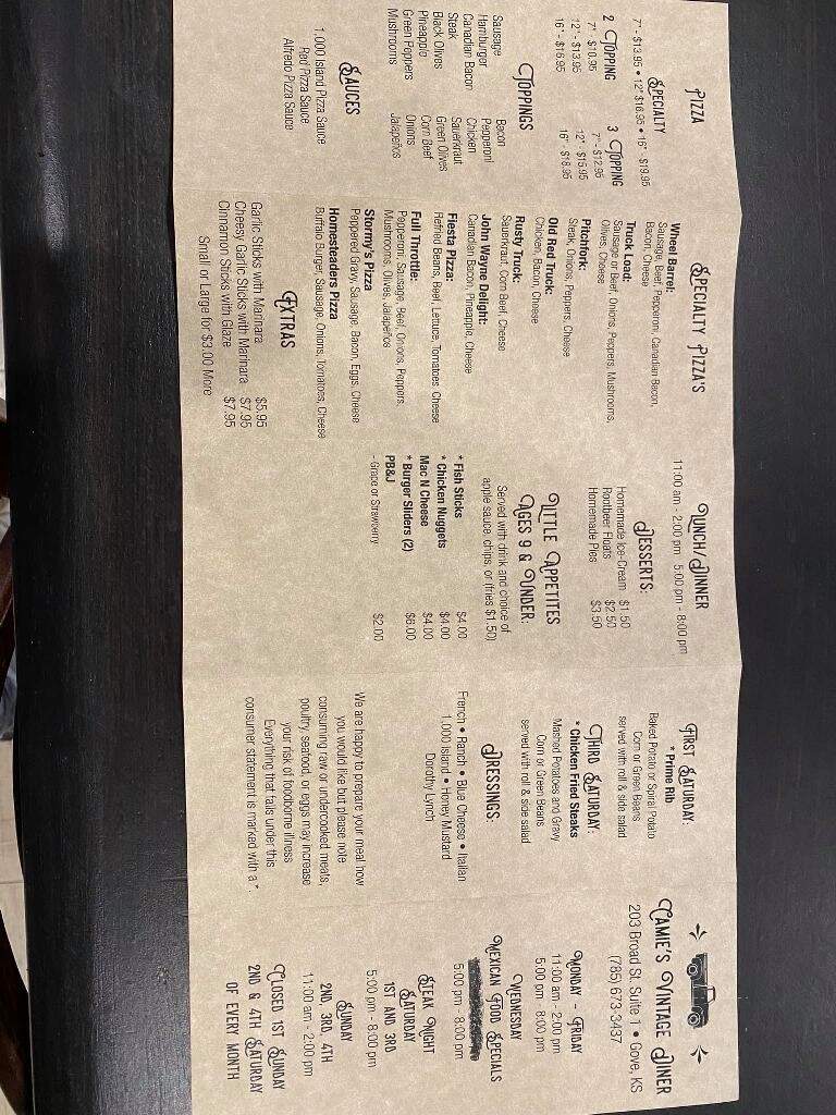 Camie's Vintage Diner - Gove, KS menu_pic