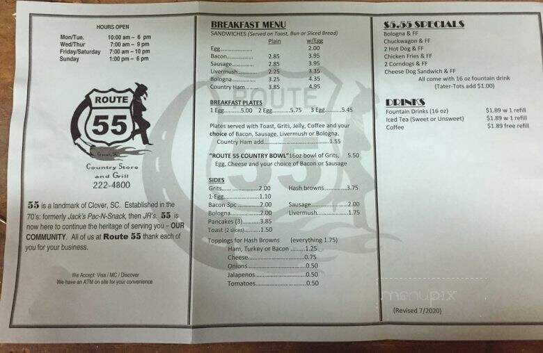 Route 55 Country Store and Grill - Clover, SC menu_pic