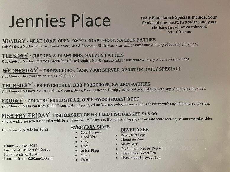 Jennie's Place - Hopkinsville, KY menu_pic