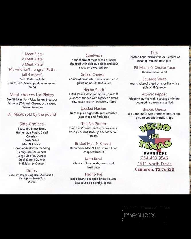Hecho En Texas BBQ - Cameron, TX menu_pic