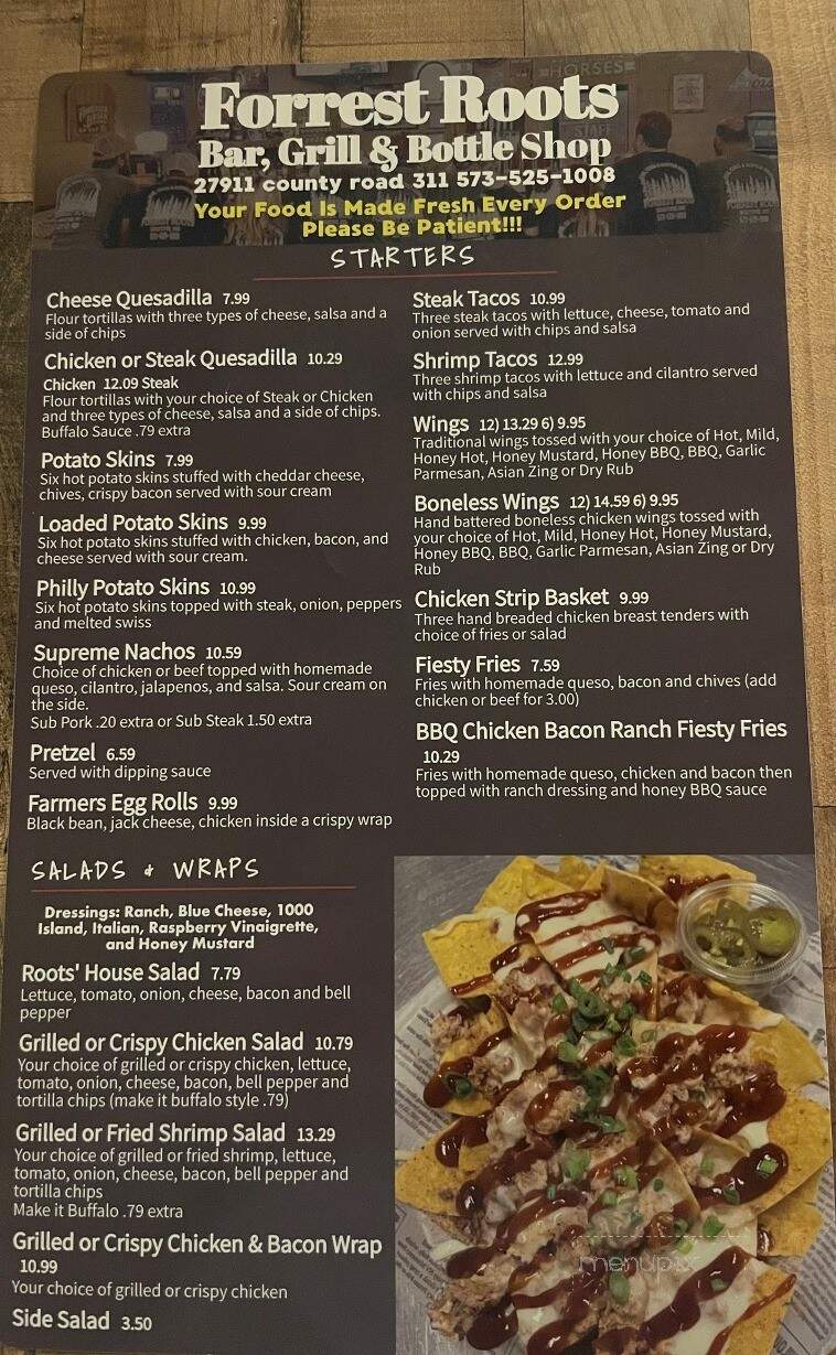 Forrest Roots Bar, Grill & Bottle Shop - Holcomb, MO menu_pic
