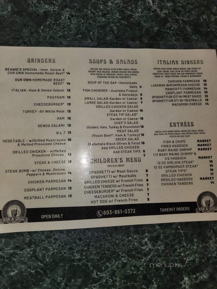 Beanie's Bar & Grill - Loudon, NH menu_pic