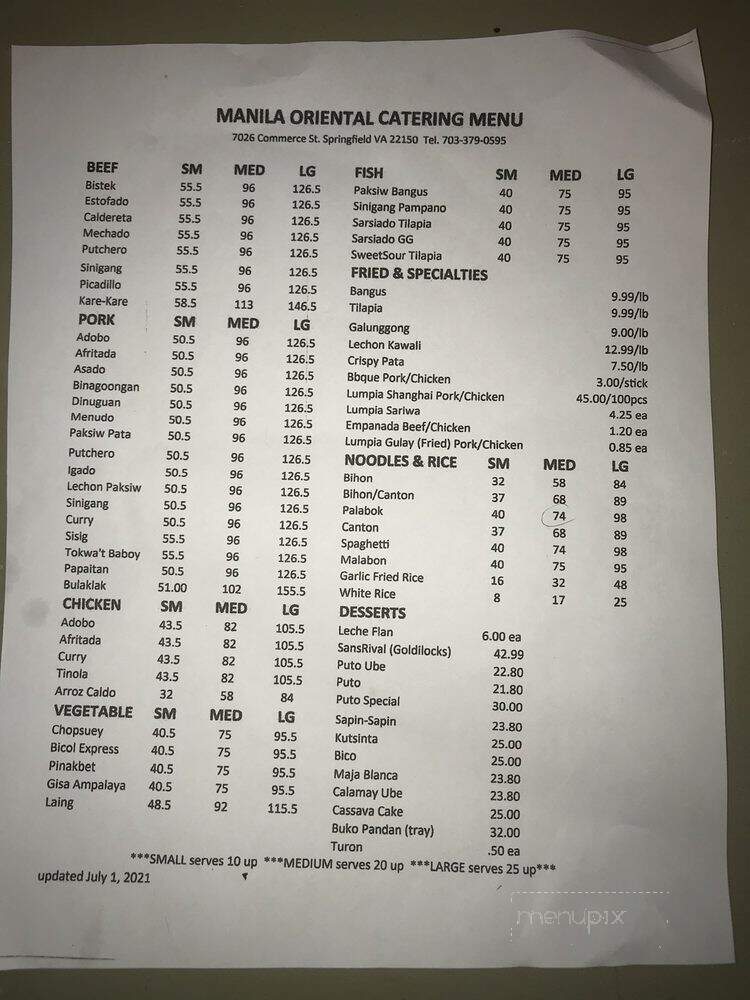 Manila Oriental - Springfield, VA menu_pic