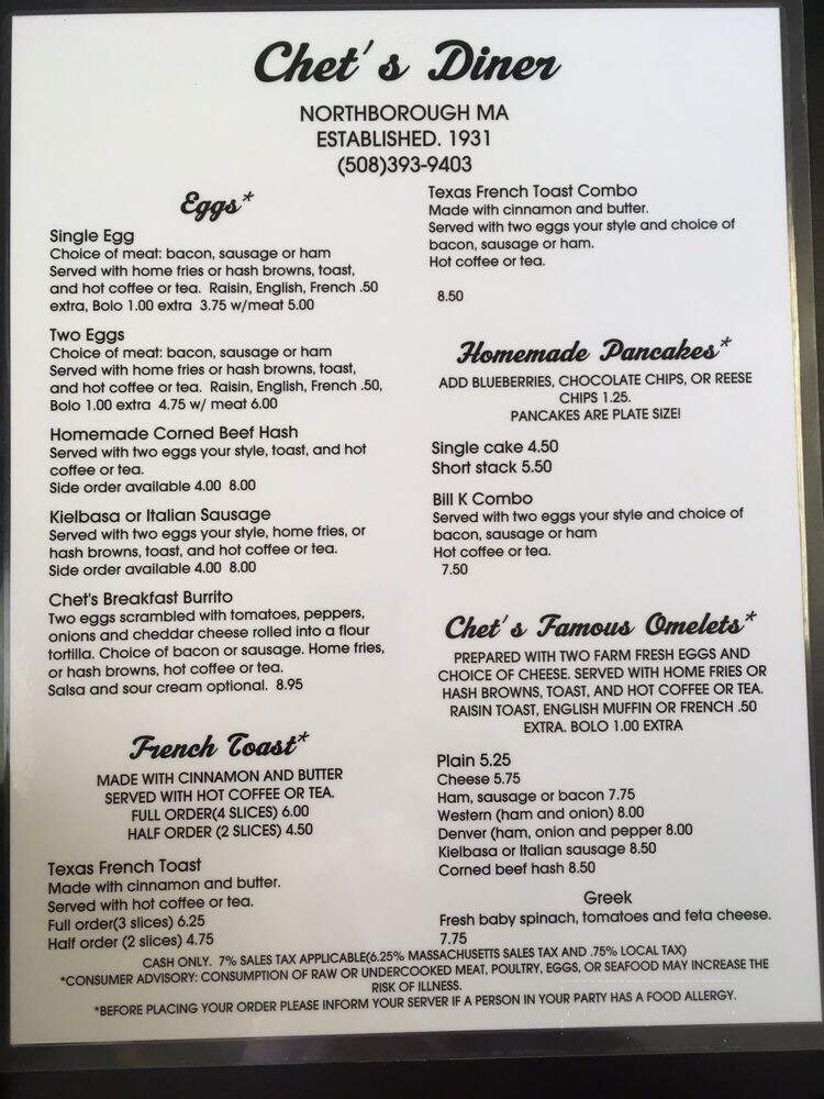 Chet's Diner - Northborough, MA menu_pic