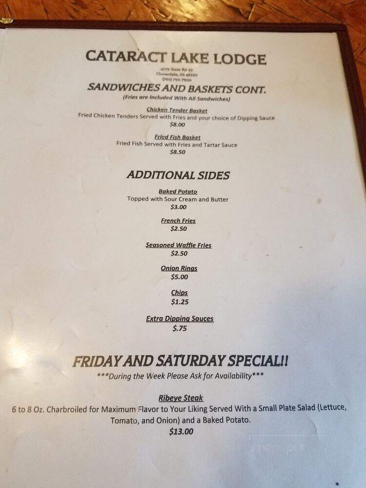 Cataract Lake Lodge - Cloverdale, IN menu_pic