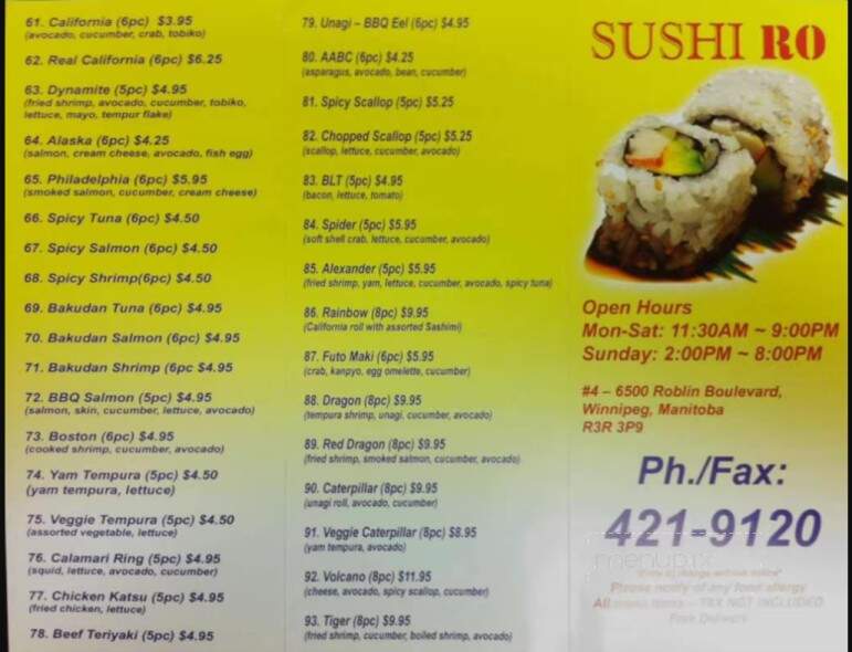 Sushi Ro - Winnipeg, MB menu_pic