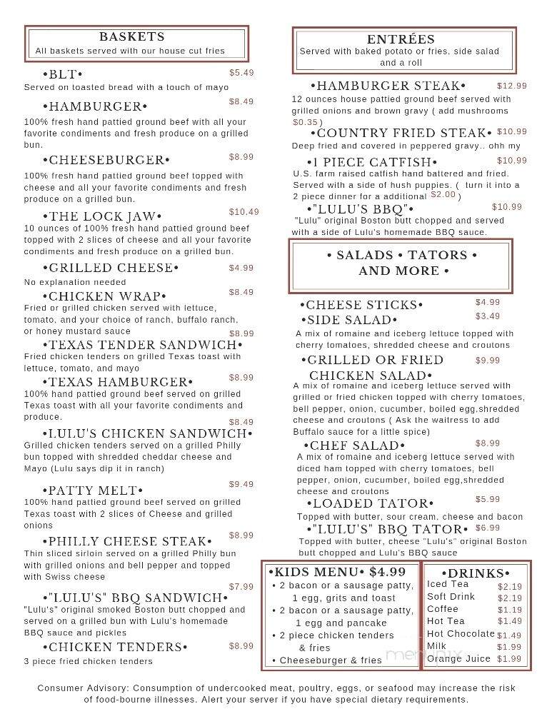 Lulu's Country Kitchen - Wedowee, AL menu_pic