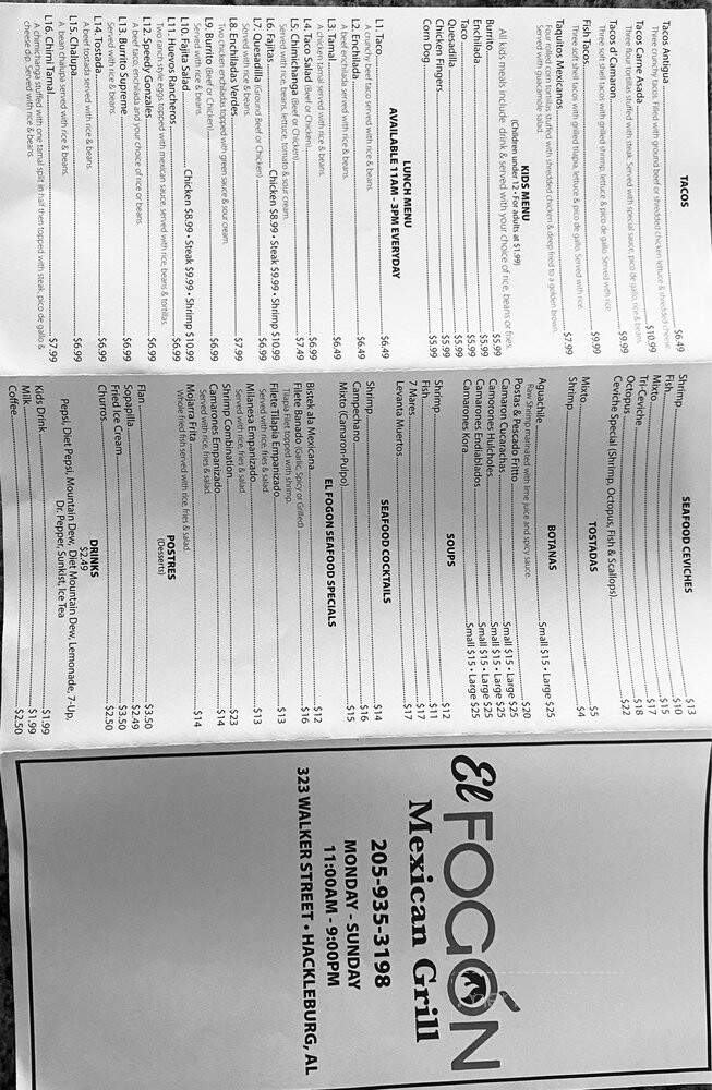 El Fogon Grill - Hackleburg, AL menu_pic