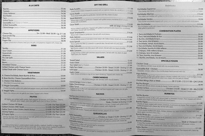 El Fogon Grill - Hackleburg, AL menu_pic