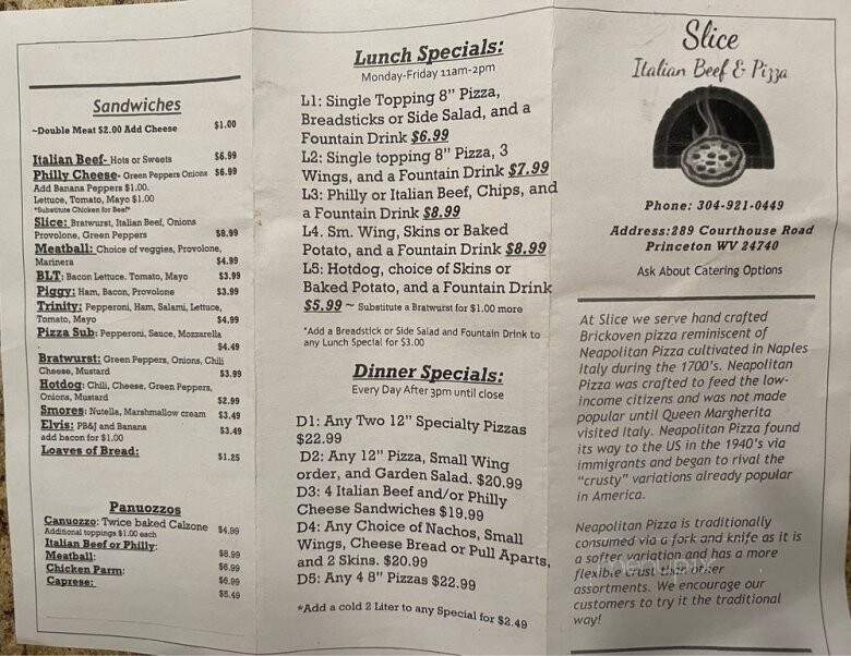 Slice Italian Beef & Pizza - Princeton, WV menu_pic
