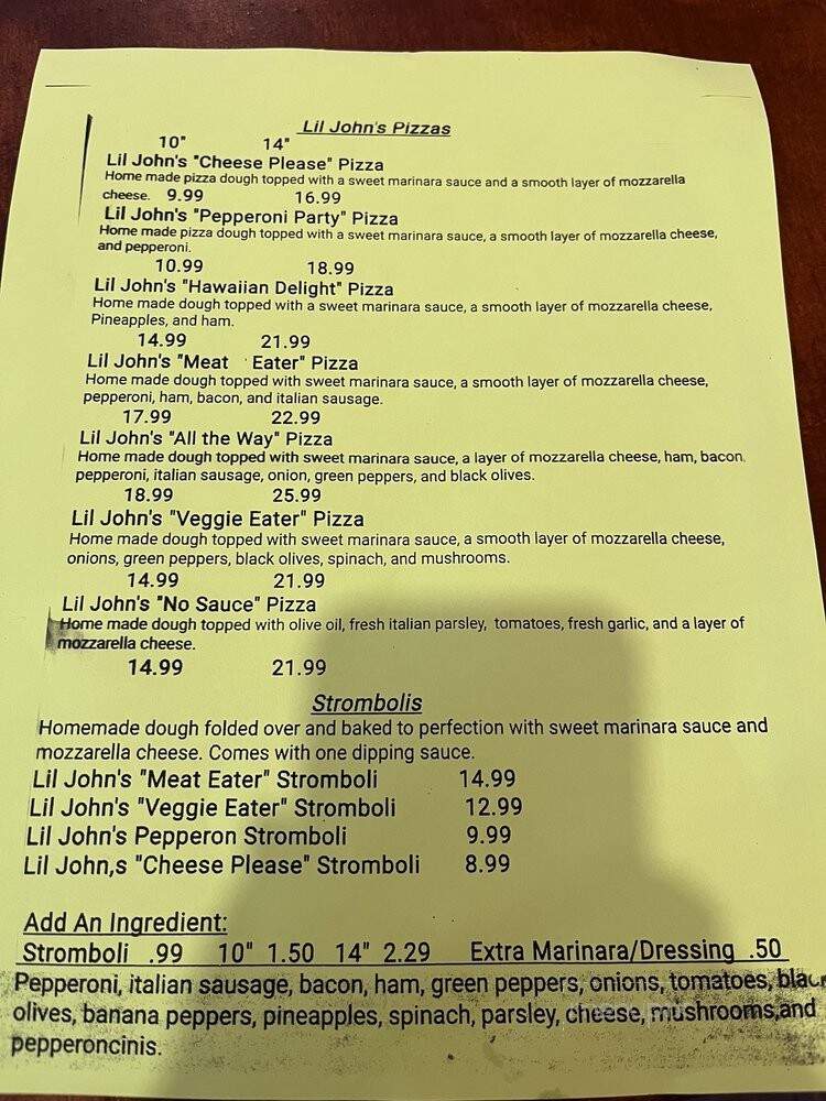 Lil John's Pizzeria - Sevierville, TN menu_pic