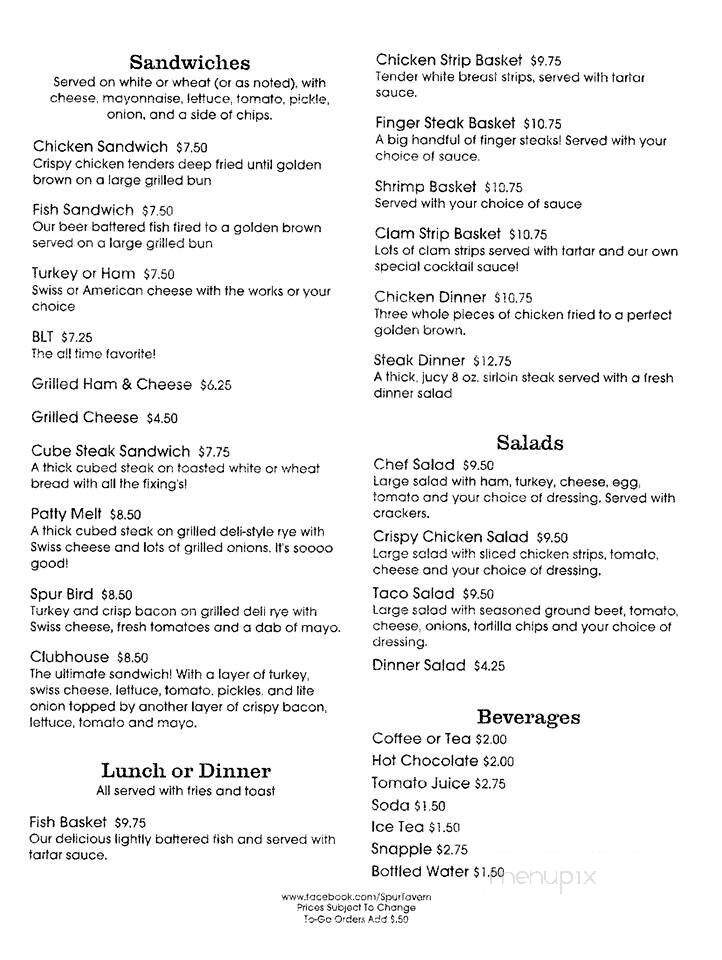 Spur Tavern - Harrah, WA menu_pic