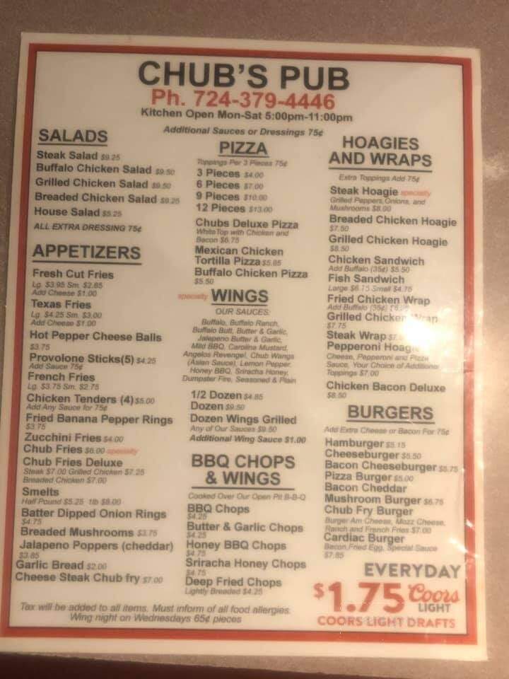 Chub's Pub - Donora, PA menu_pic