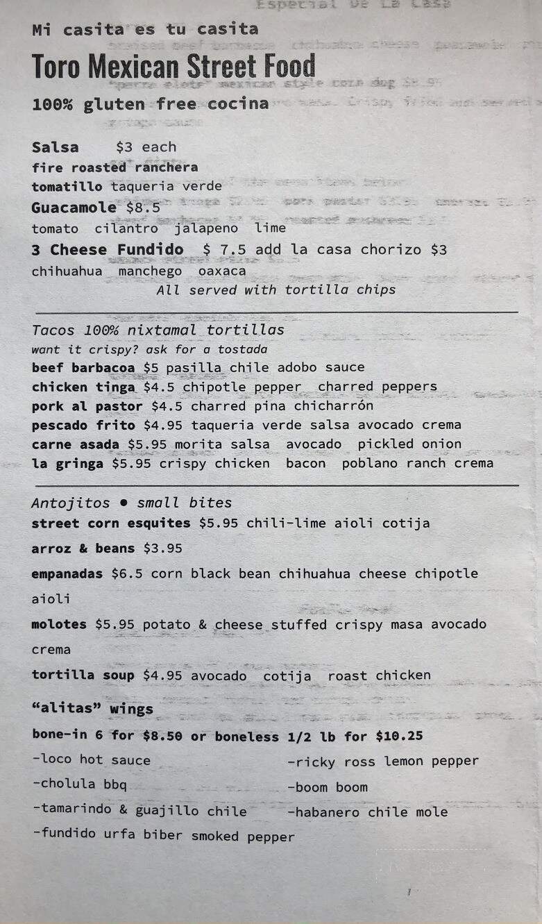 Toro Mexican Street Food - West Hartford, CT menu_pic